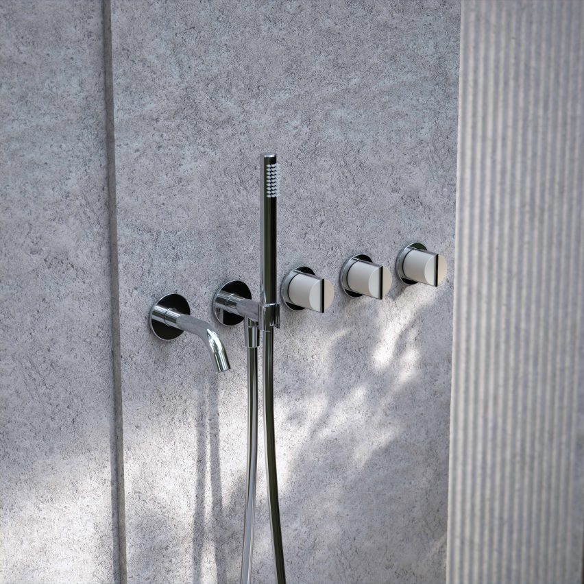 Wall-mounted metallic shower tap, shower head and handles