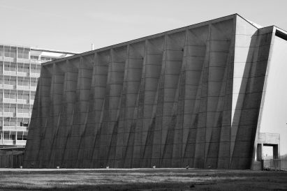 Black and white photo of the brutalist UNESCO Conference Hall