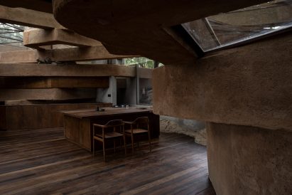 Kitchen of Indian house with glass roof