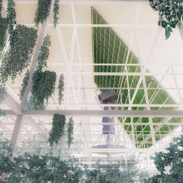 Academy of Art University student render of a white steel structure covered in planting