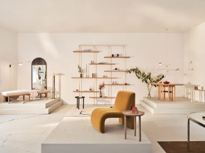 Furniture arranged on raised platforms across the showroom