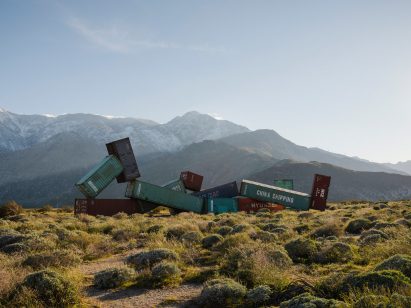Train cars piled for art exhibition
