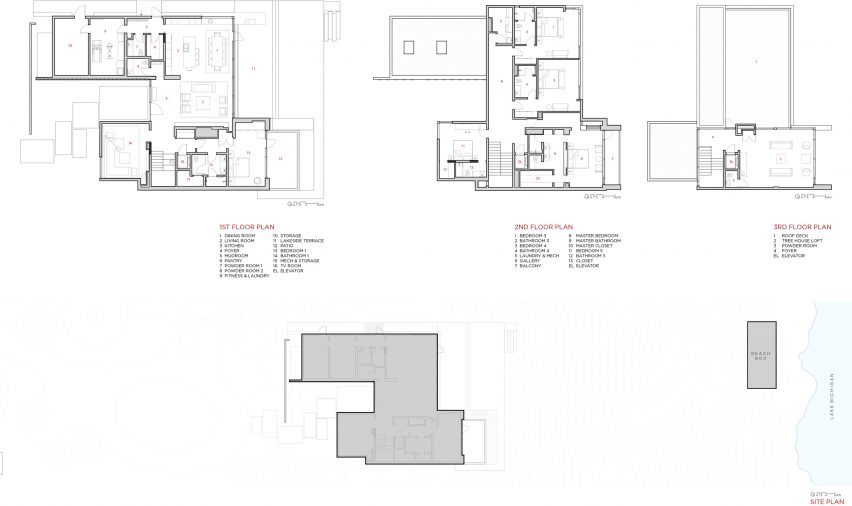 The ground floor, first floor and second floor plans of Lake House by DMAC