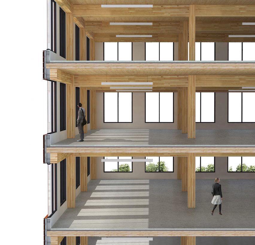 Rendered perspective section drawing of T3 by Michael Green Architecture
