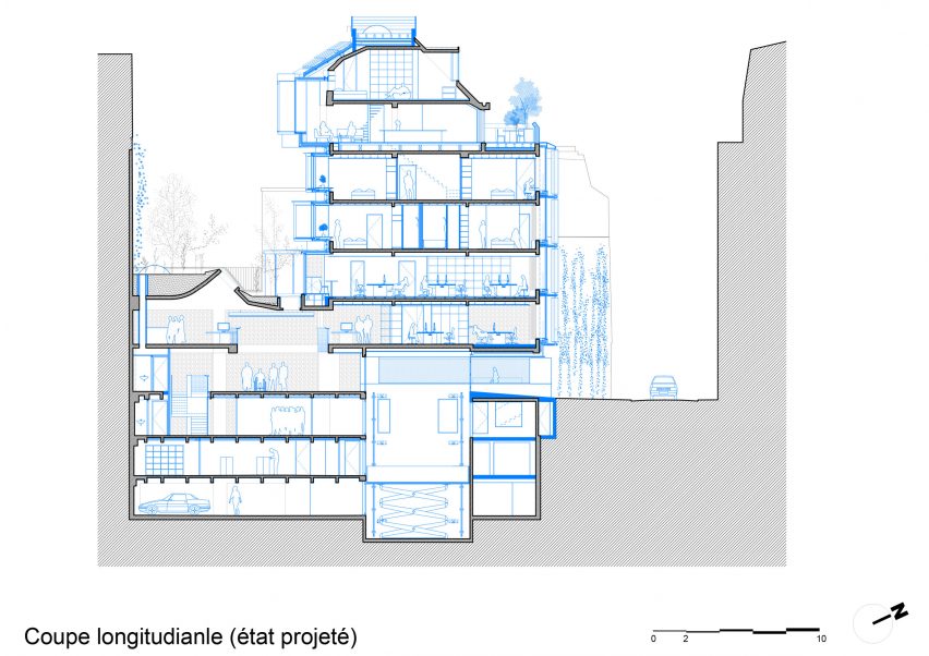 Section drawing of the block of flats and offices in Paris by Moussafir Architectes