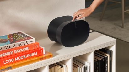 Era 300 smart speaker in black on top of a book shelf