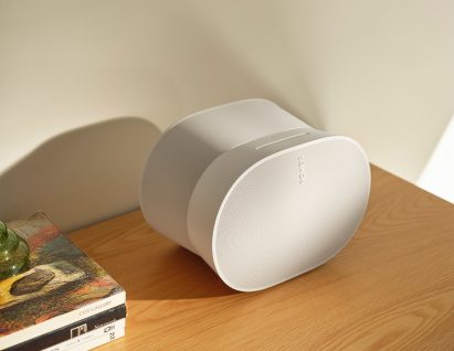 Sonos' Era 300 smart speaker in white on a desk