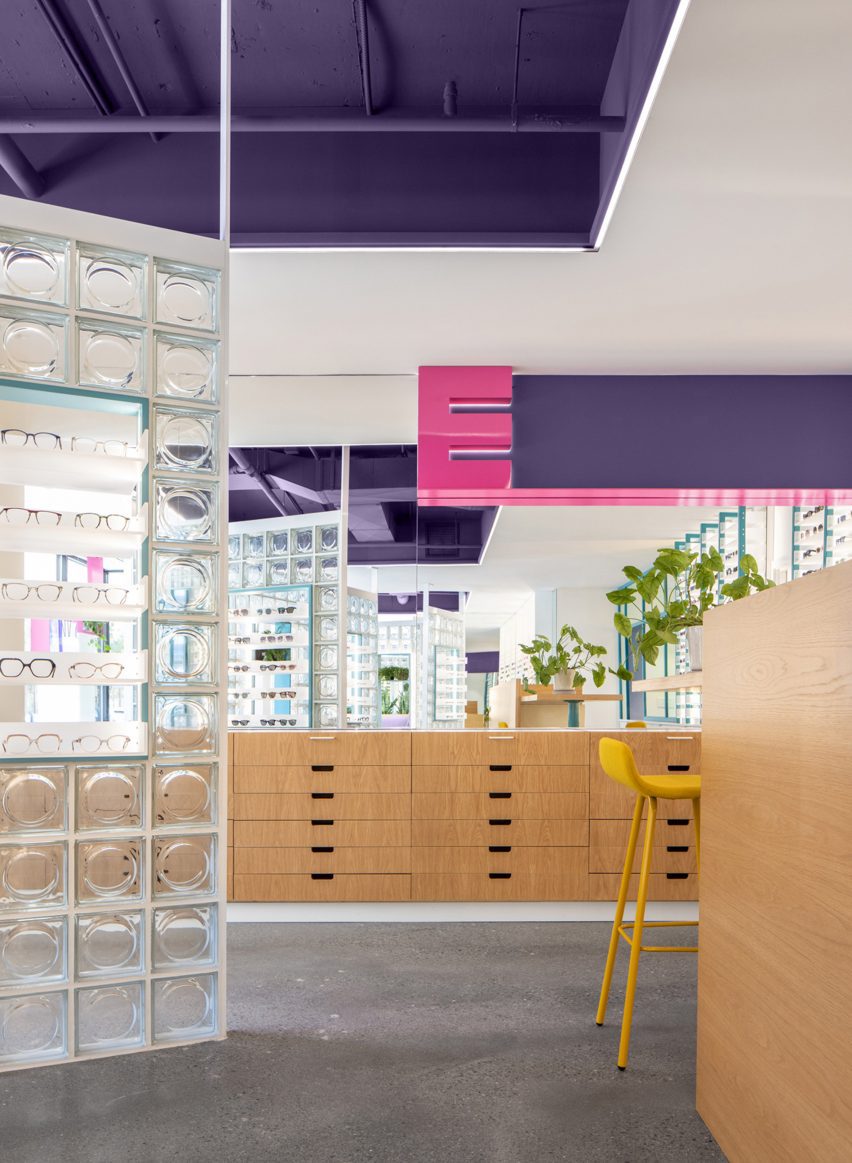 Pink "E" branding featured in the store