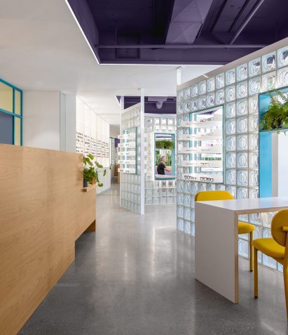 Glass block partitions divide the store
