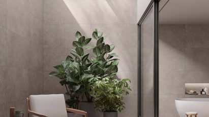 Courtyard with chair, potted plants and skylight