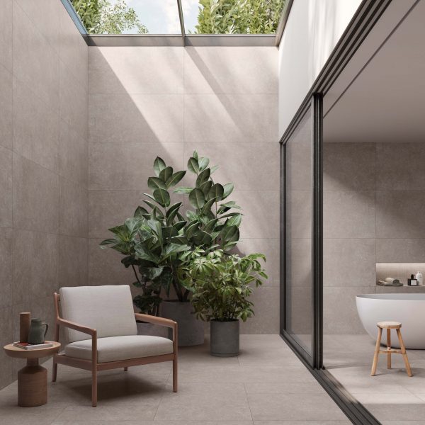 Courtyard with chair, potted plants and skylight