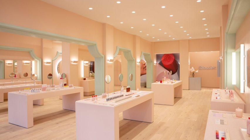 Wide shot of Glossier Boston store interior