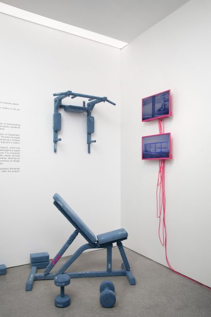 Gym equipment clad in denim fabric at Carpenters Workshop Gallery