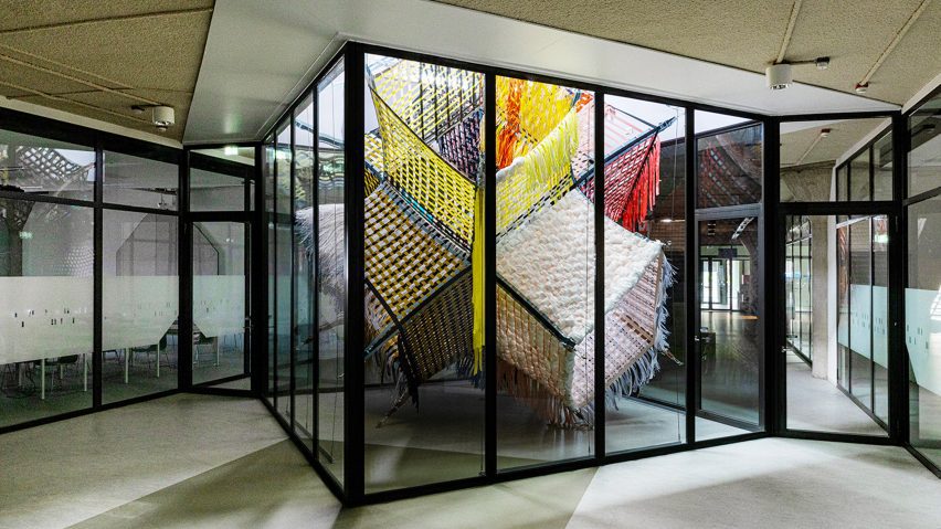Loom Room woven installation in a glass atrium