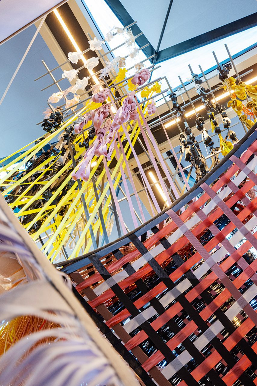 Multi-coloured Loom Room woven installation