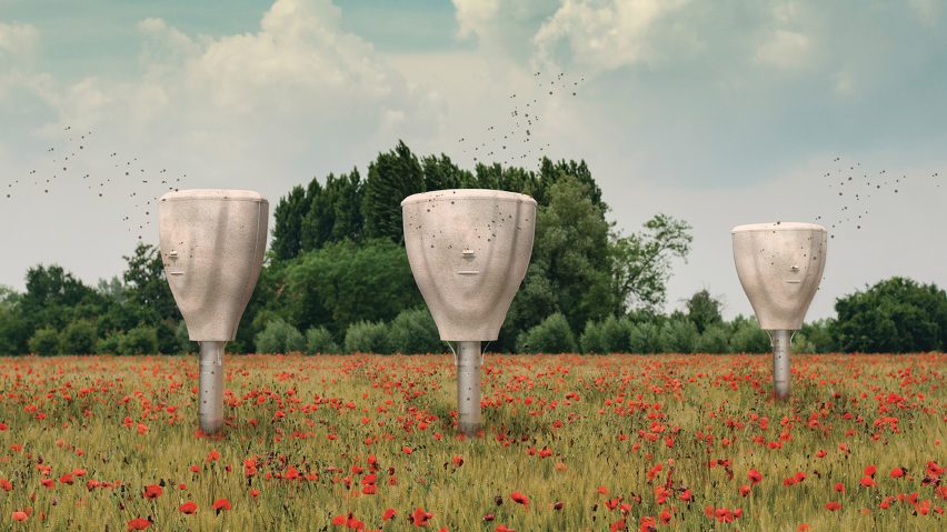 Visualisation showing three beehives in field of poppies