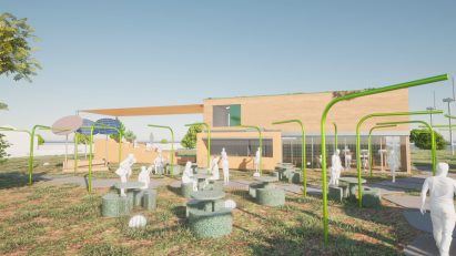 Visualisation showing figures in outdoor space with tables
