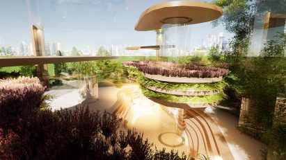 Visualisation showing a futuristic library
