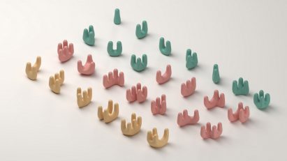 Visualisation showing a series of yellow, pink and blue objects on white backdrop