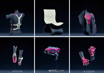 Collage of six images showing various techwear items on black background