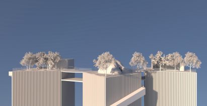 Image showing white model with trees in front of blue backdrop