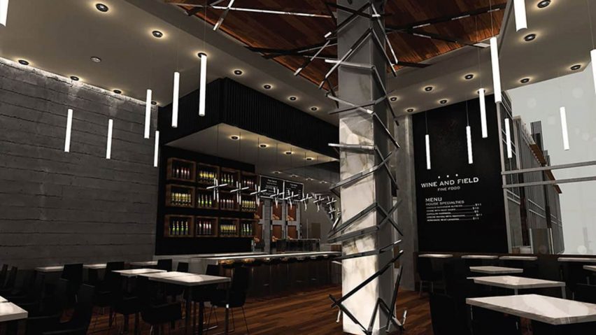 Interior render of a restaurant with wood floors and pendant lights