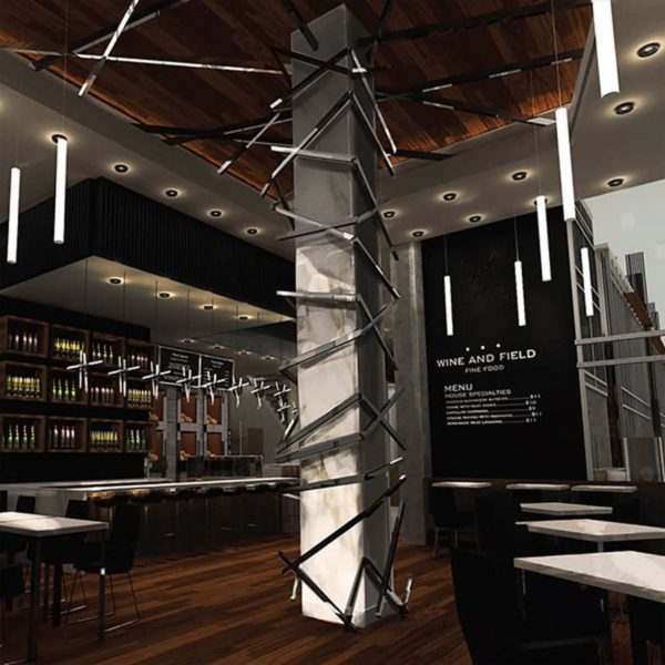 Interior render of a restaurant with wood floors and pendant lights