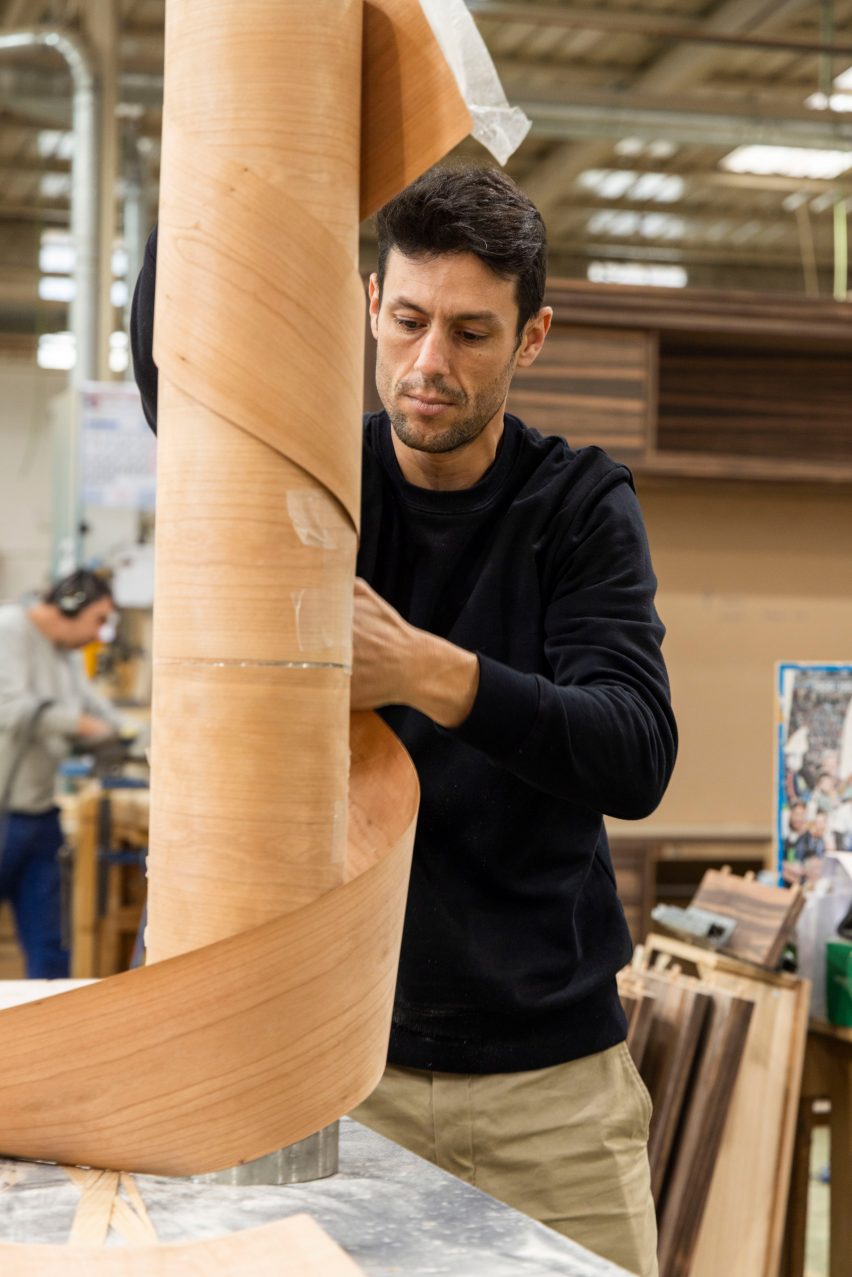 Jorge Penadés creating rolls of wood veneer for his Wrap furniture project