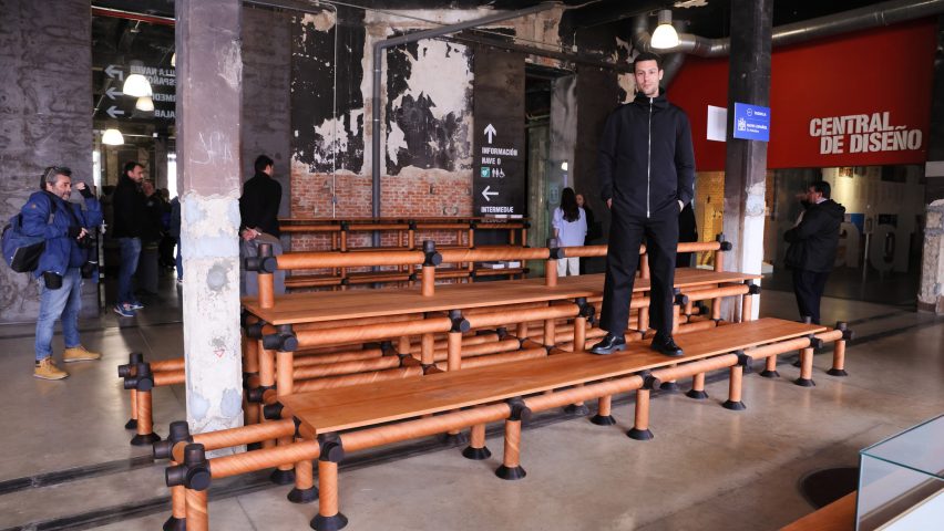 Jorge Penadés standing on his Wrap furniture at Madrid Design Festival