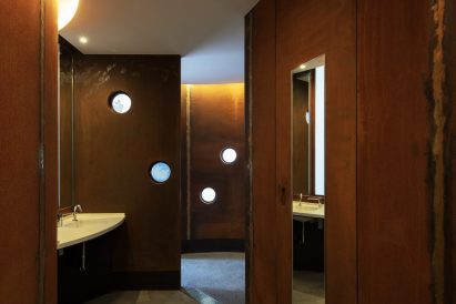 Inside of a weathering steel toilet