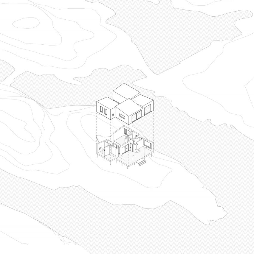 Axonometric drawing of Kjerringholmen in Norway by Line Solgaard Arkitekter