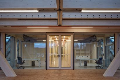 Interior of timber building by Mjölk Architekti