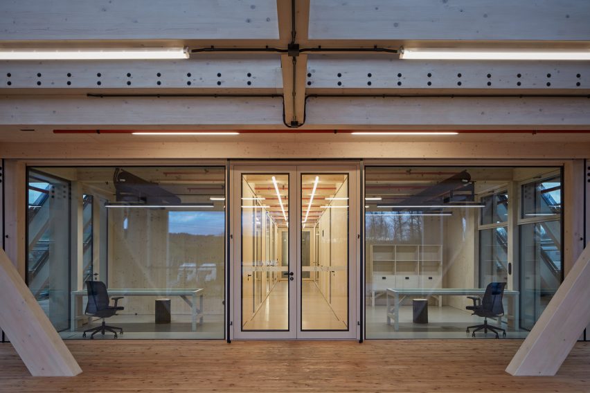 Interior of timber building by Mjölk Architekti