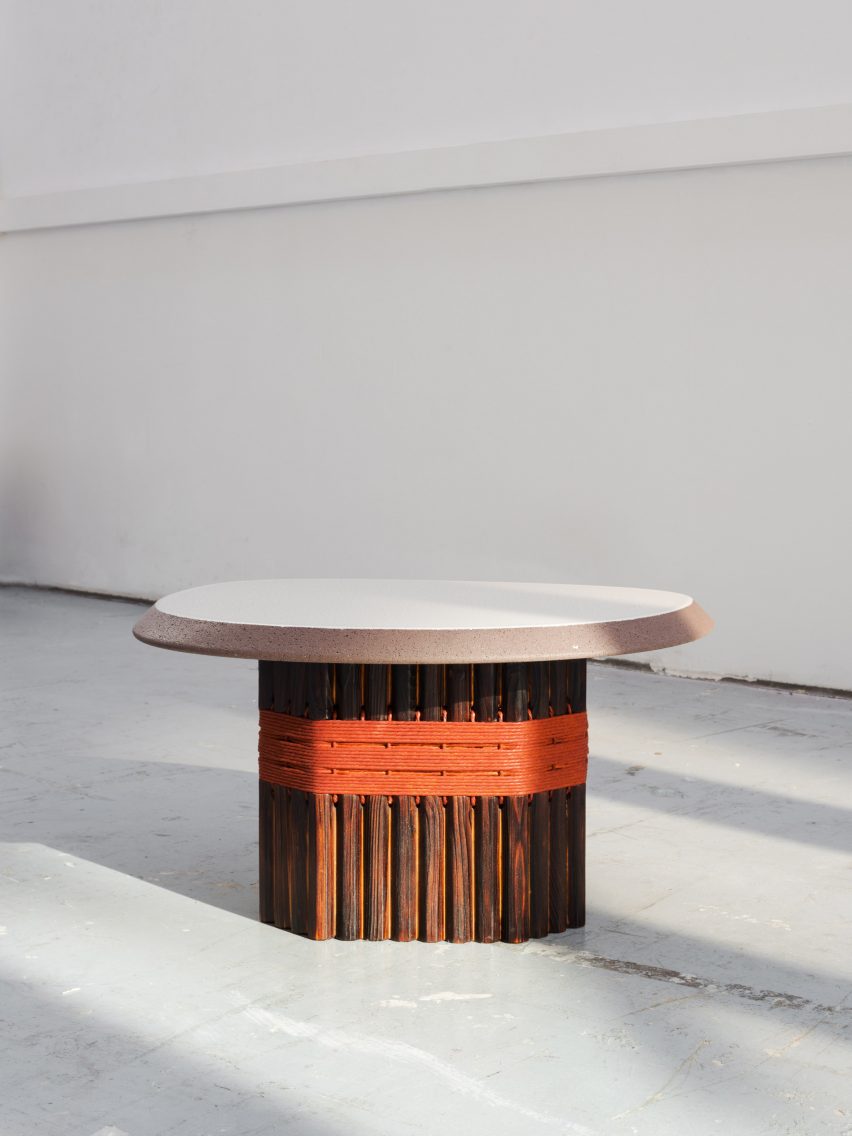 Lava coffee table by Matand with cedar wood base and white tabletop