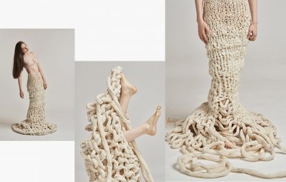 Collage of photos of model wearing neutral-coloured unravelling garment