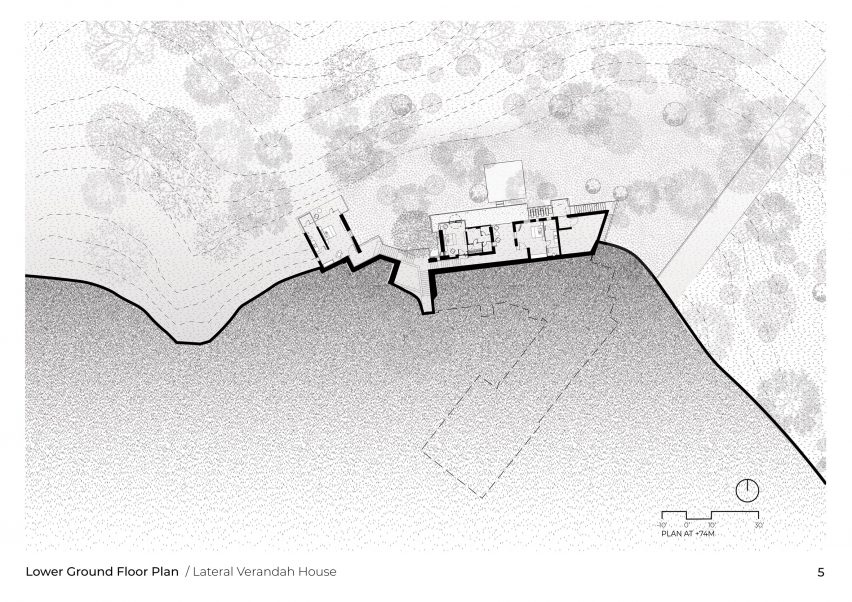 Lower ground floor plan of Lateral Verandah House by Malik Architecture