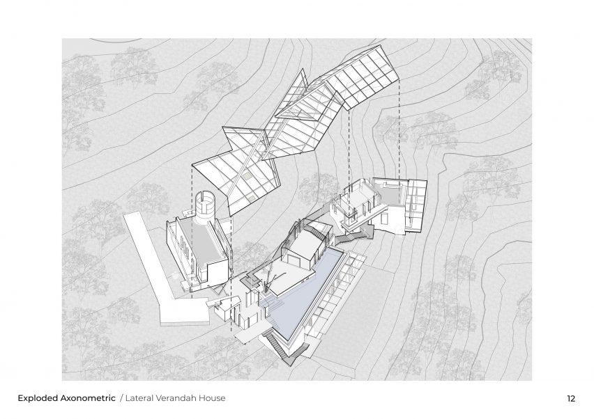 Exploded axonometric drawing of Lateral Verandah House by Malik Architecture
