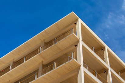 Skeleton of mass-timber building