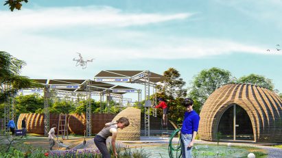 Render of a garden with people planting and curved huts in the background