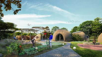 Render of a communal garden with people tending to the plants and wooden hut structures