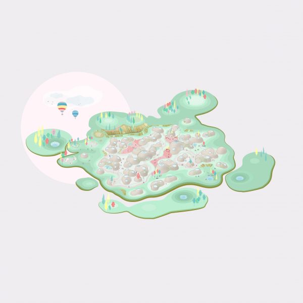 Master plan illustration of an organically shaped green floating mass with huts built on