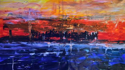 Painting with thickly applied blue, orange, red and yellow paint