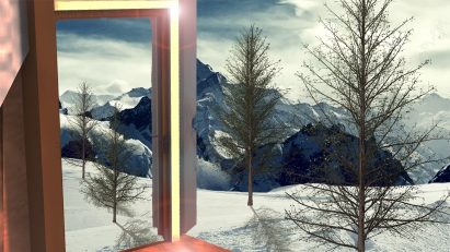 Visualisation showing snowy tundra landscape out of window