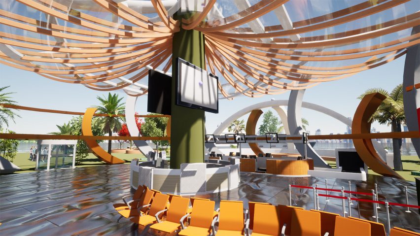 Visualisation showing airport departure lounge with central column
