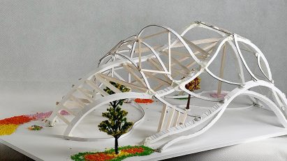 Photograph showing curvilinear architectural model