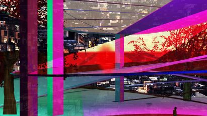 Photomontage by Antonia Villet featuring a person standing inside a colourful building