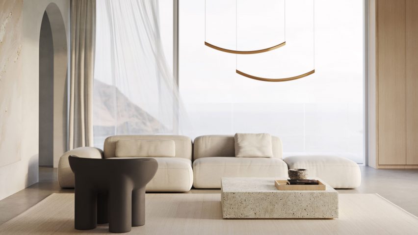 Scalloped light above sofa