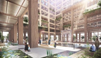 Interior visual of a wooden skyscraper by Nikken Sekkei