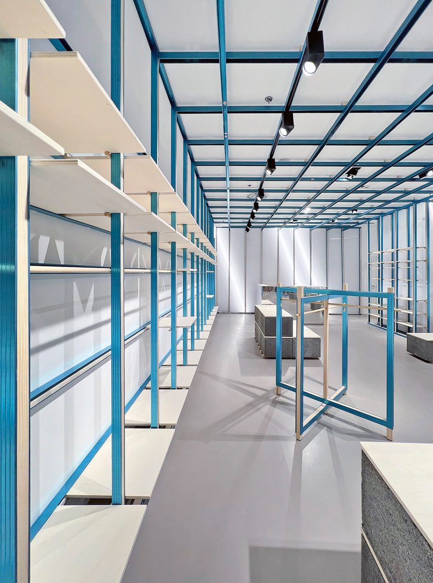 ON-OFF store in Milan features gridded blue interior by Francesca Perani and Bloomscape