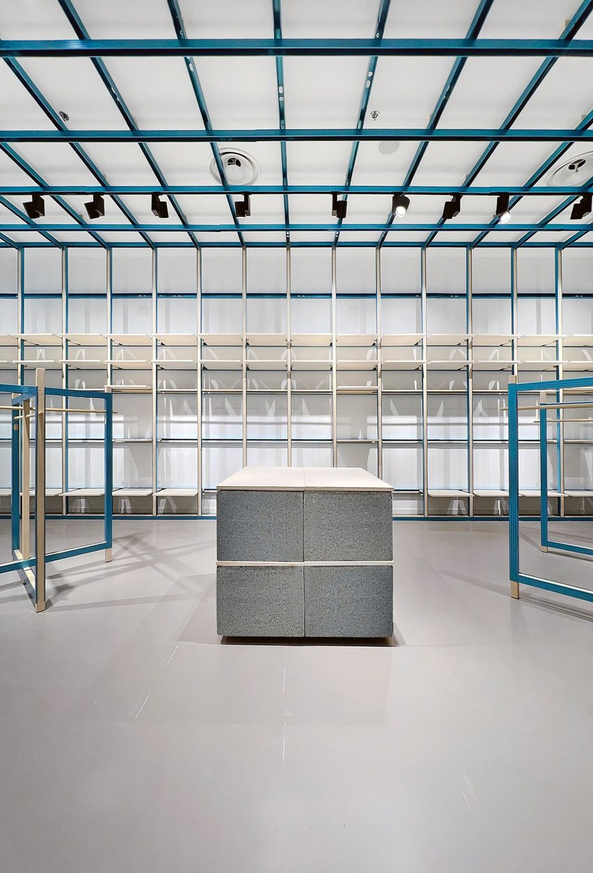 ON-OFF store in Milan features gridded blue interior by Francesca Perani and Bloomscape